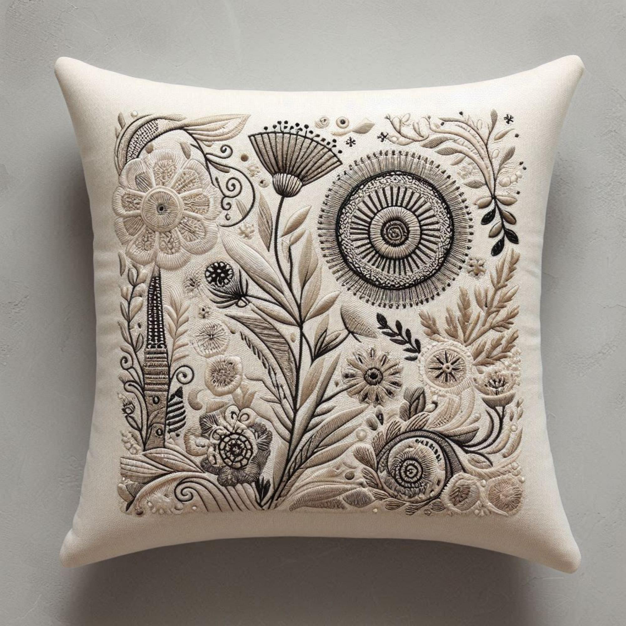 large embroidered cushion with botanical motif on sofa