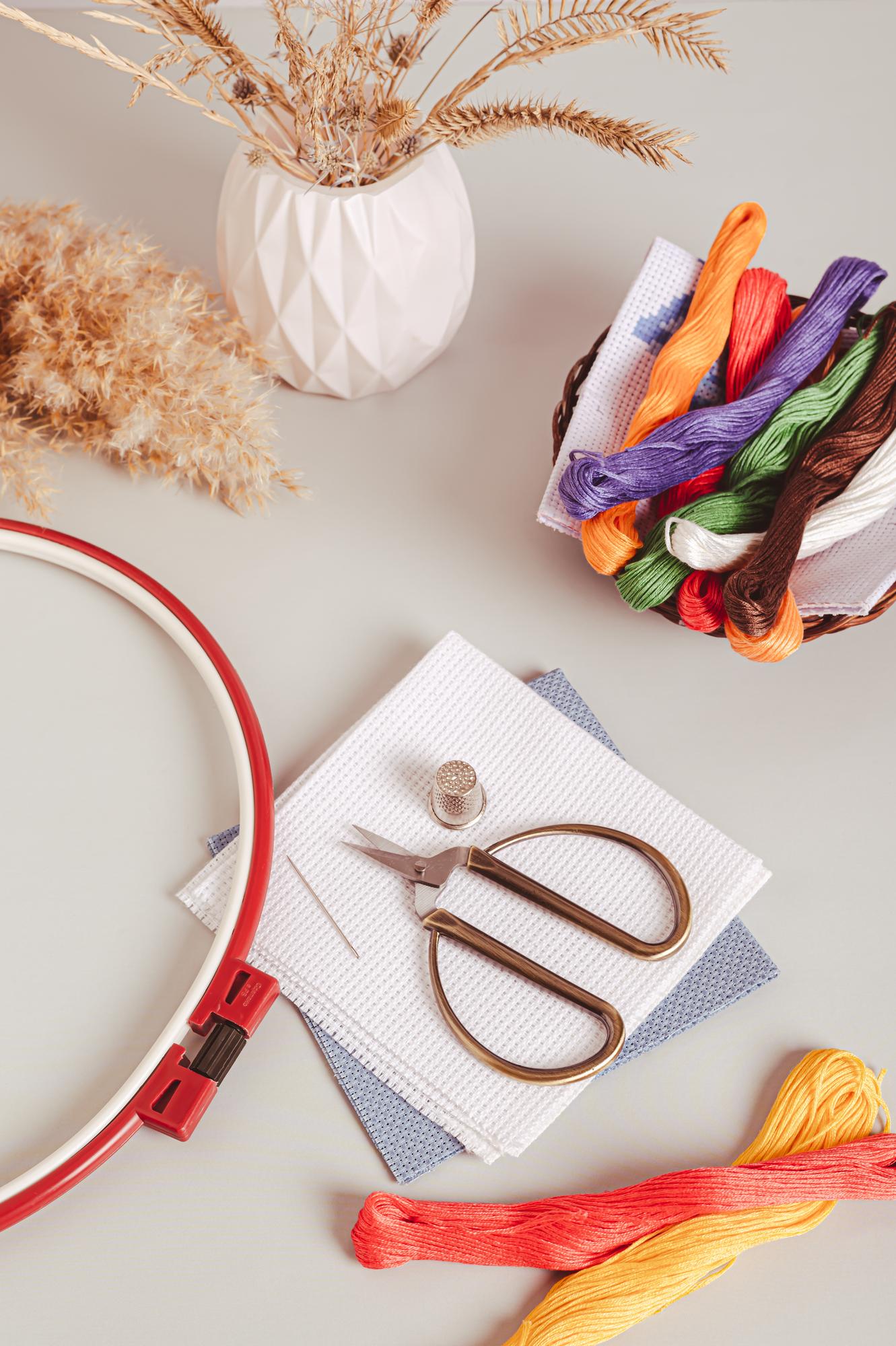 studio package flatlay with finished embroidery and tools